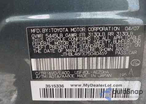 2007 Lexus Ls 460 from USA, damaged, VIN JTHBL46FX75040469